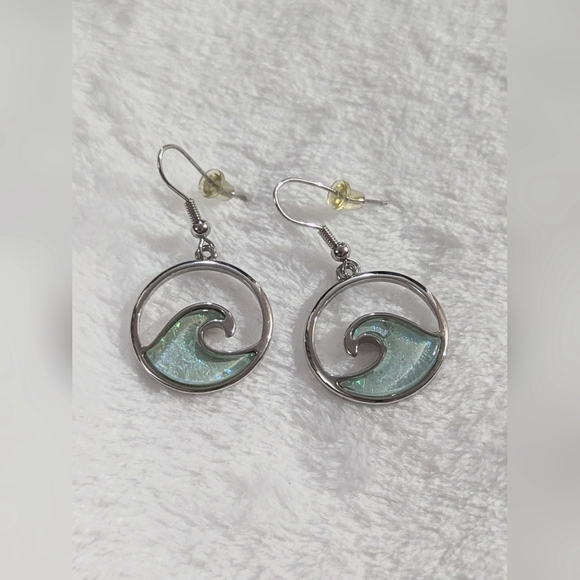Jewelry - Silver Hawaii Ocean Wave Earrings with Blue Accents 1.5 Inches